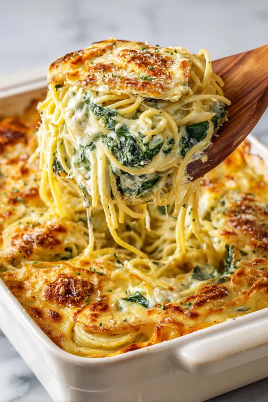 Mit einer Gabel werden Spaghetti mit Brokkoli und Käse aufgedreht.