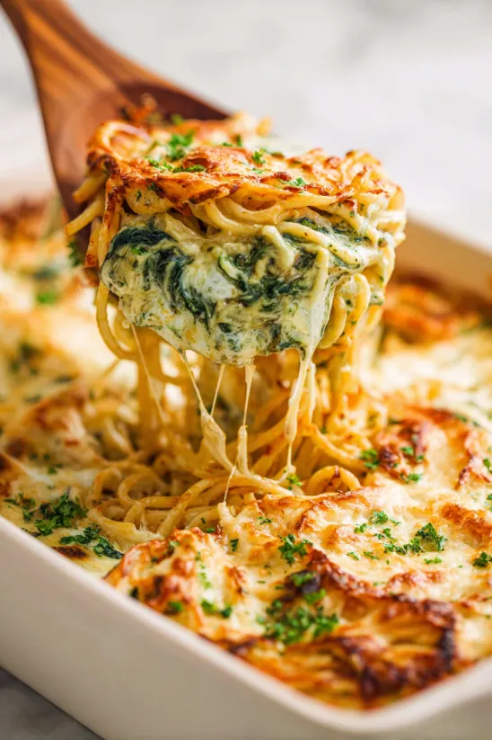 Nahaufnahme von einem Spaghetti-Auflauf mit geschmolzenem Käse und Spinat.
