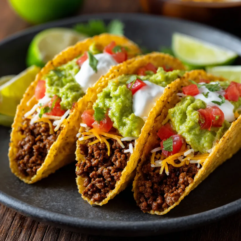 Ein Plate mit zwei Tacos, die mit Käse, Tomaten, Avocado und Lime garniert sind.