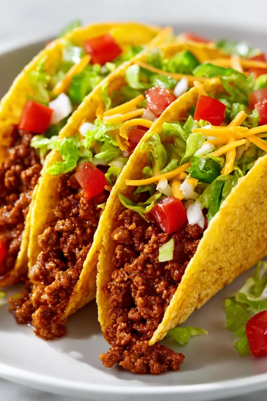 Zwei Tacos mit Ground Beef und Tomaten auf einem Teller.