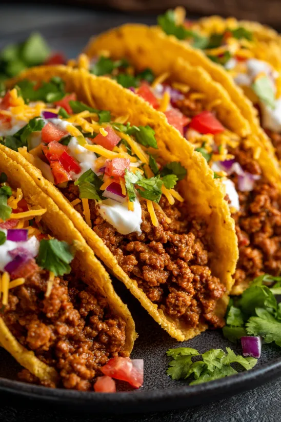 Ein Bild von zwei Ground Beef Tacos auf einem Tisch.