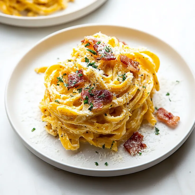Ein Plate mit Pasta, Bacon und Butternut Squash.