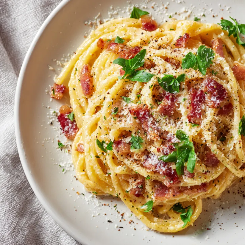 Eine Platte mit Pasta, die mit Bacon, Butternut Squash und Carbonara zubereitet wurde.