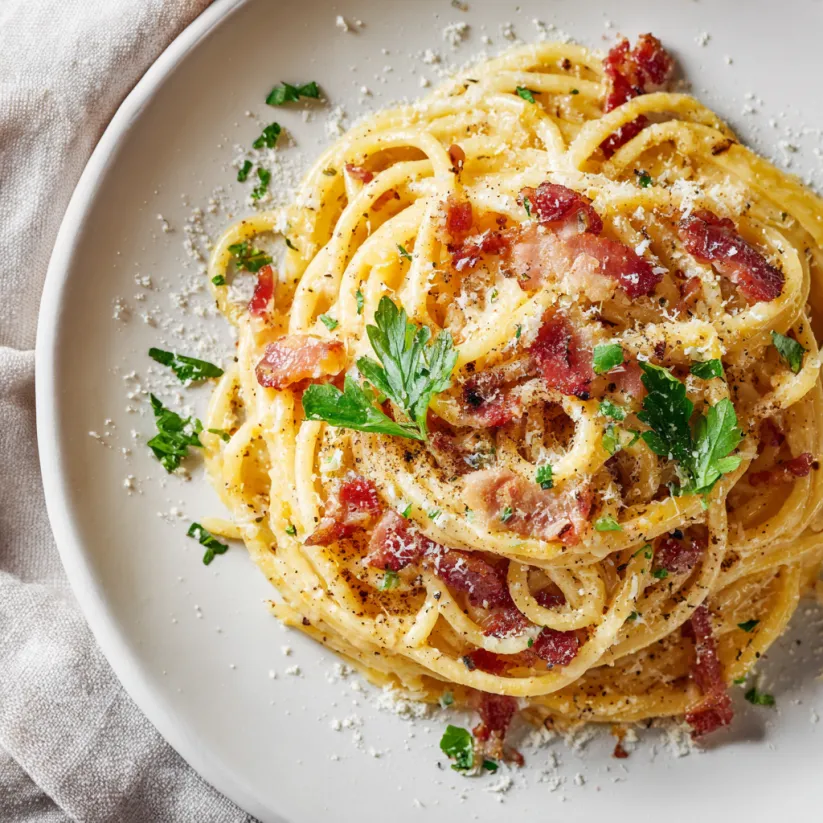 Eine Platte mit Pasta, Bacon und Butternut Squash.