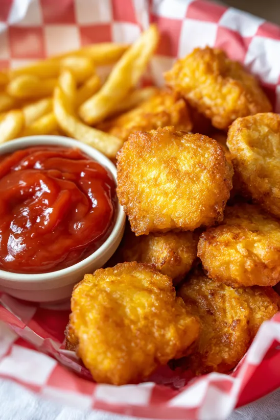 Ein Teller mit Ketchup und Frites, die wie Chick-fil-A Nuggets aussehen.