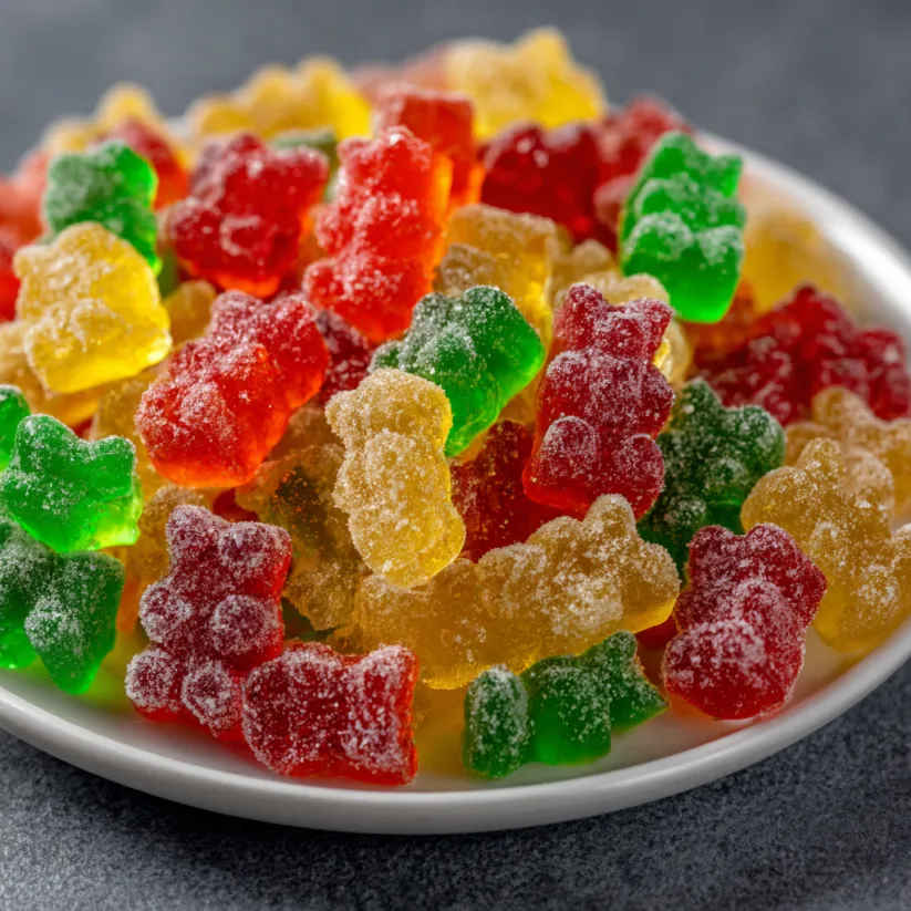 Ein weißer Teller mit einer Mischung aus grünen und roten Gummy Bears.