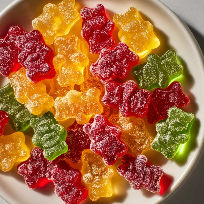 Ein weißer Teller mit einer großen Anzahl von Gummy Bären, die in verschiedenen Farben und Formen vorliegen.