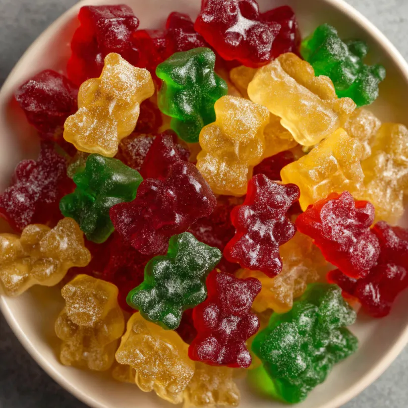 Ein weißer Becher mit einer Mischung aus verschiedenen Farben von Gummy Bären.