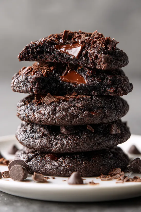Eine Schicht von Triple Chocolate Chip Cookies, die in einer Schüssel auf einem Tisch liegen.