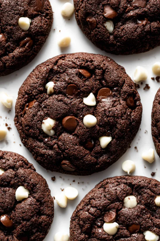 Eine Schicht von Crumbl Triple Chocolate Chip Cookies auf einem weißen Tisch.
