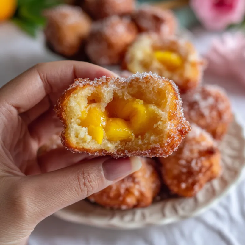 Ein Handgelenk hält einen Stück Peach Fritters.