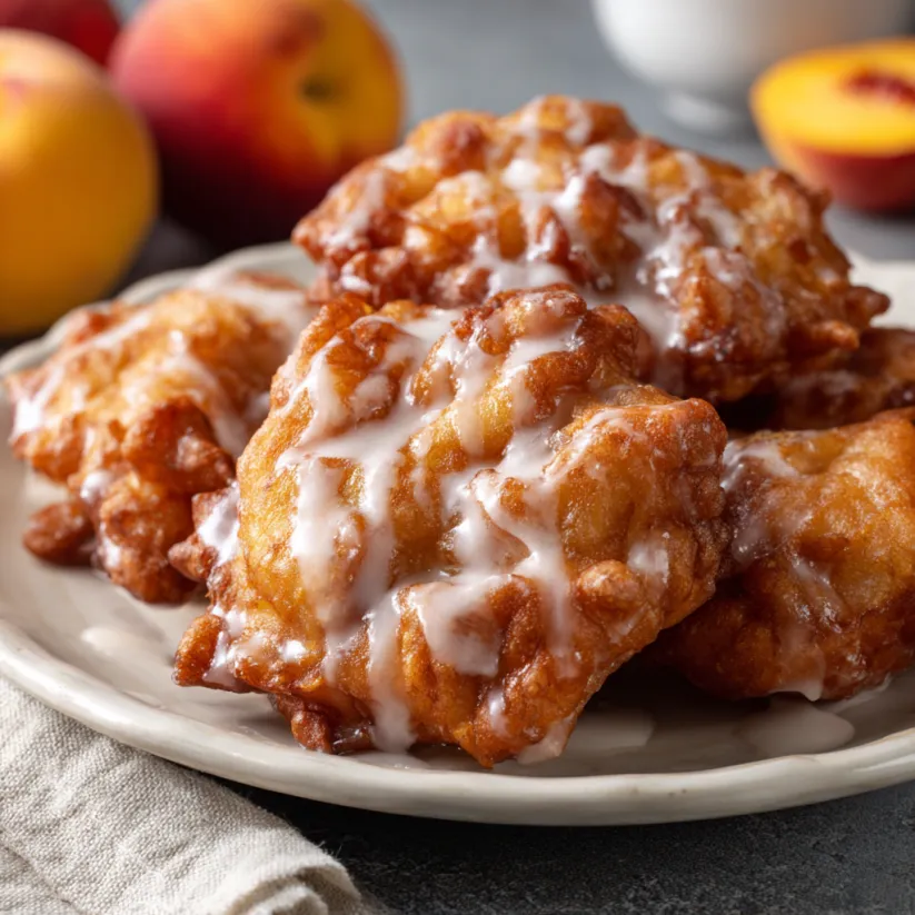 Ein weißer Teller mit Peach Fritters darauf.