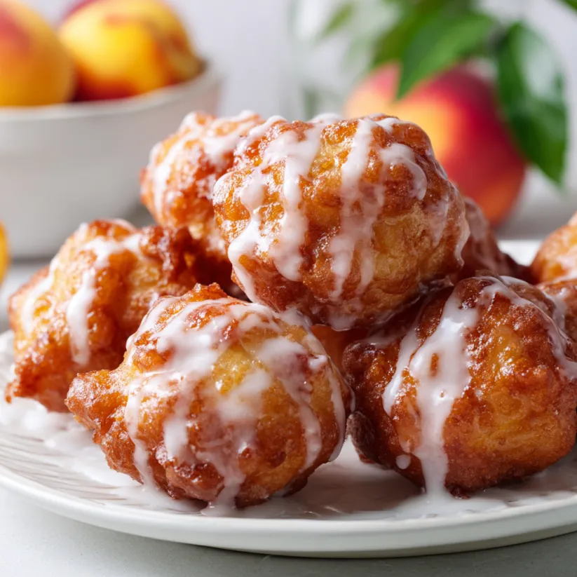 Ein weißer Teller mit Peach Fritters, die in einer Schüssel mit Peaches und einer Garnitur bestehen.