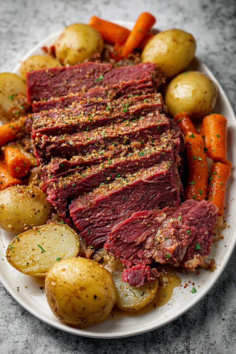Ein Teller mit Corned Beef und Kartoffeln.