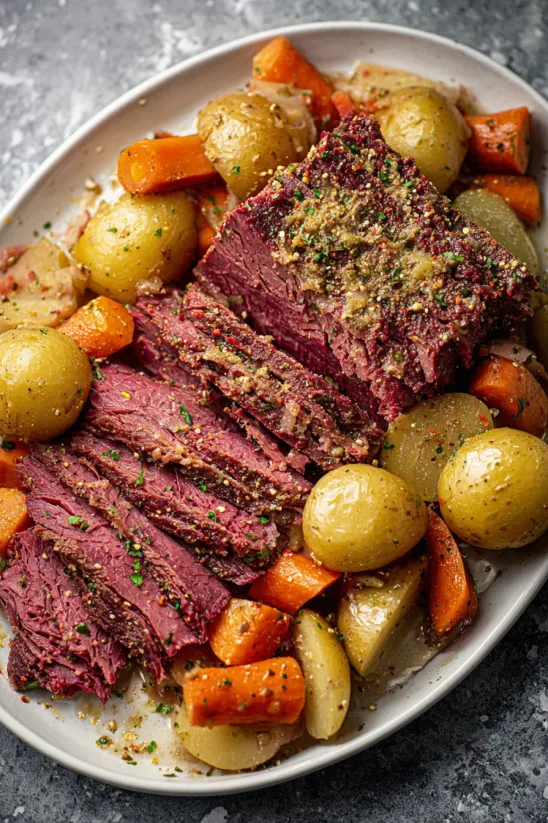 Ein Teller mit Corned Beef und Kartoffeln.