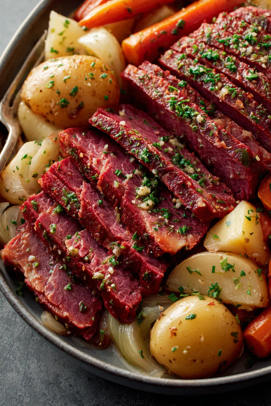 Nahaufnahme: Crockpot mit Corned Beef und Kartoffeln.