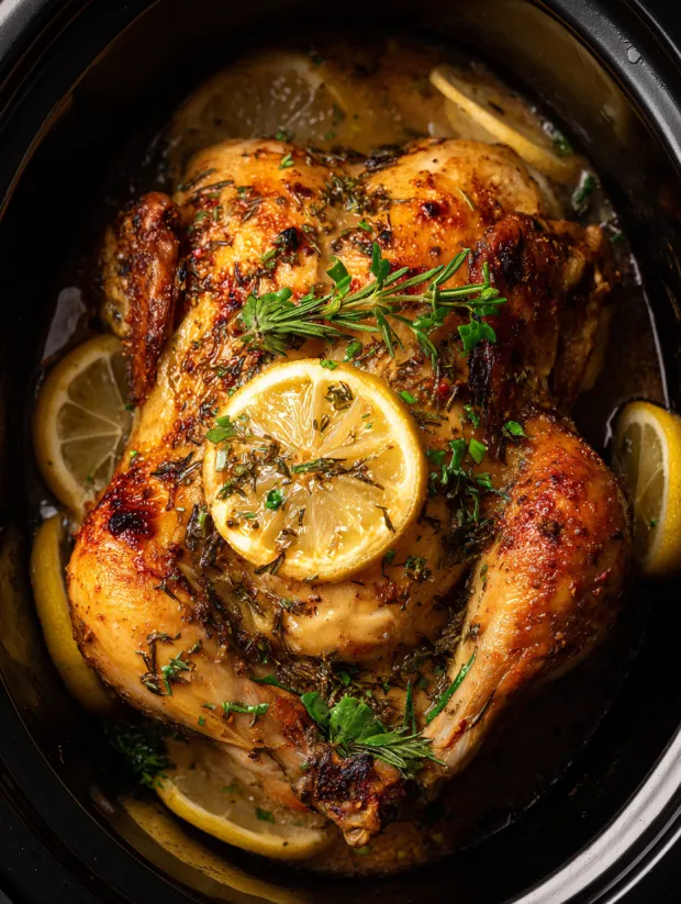 Ein im Slow Cooker gebratenes Hähnchen mit Zitronen-Kräuterbutter.