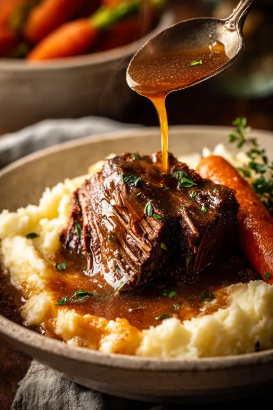 Nahaufnahme von Schmorbraten in sämiger Soße.