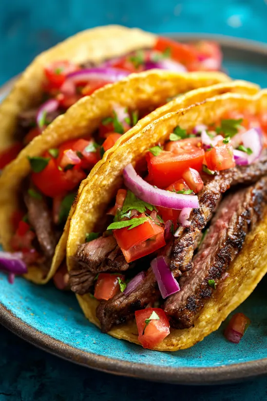 Ein Teller mit Steak-Tacos, Tomaten und Zwiebeln.