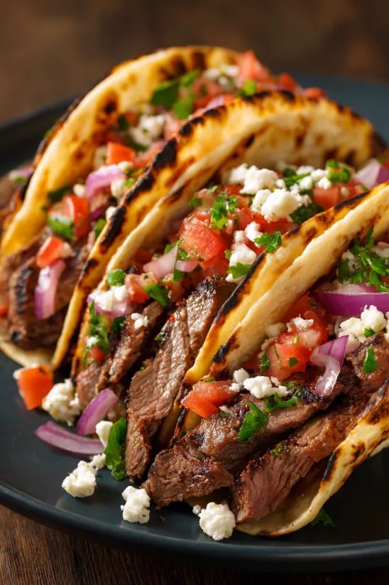 Ein Teller mit Steak-Tacos, Tomaten und Blauschimmelkäse.