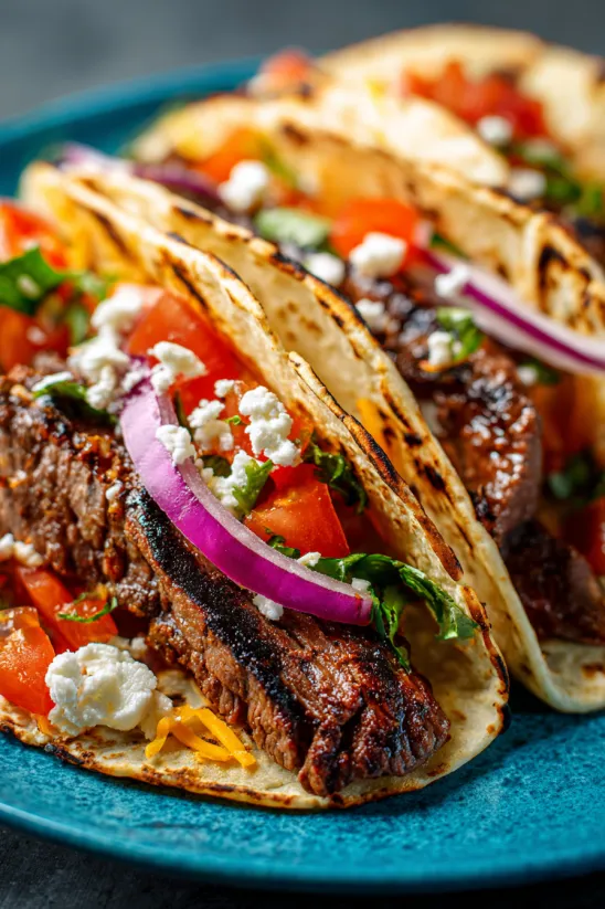 Leckere Steak-Tacos mit vielen bunten Toppings.