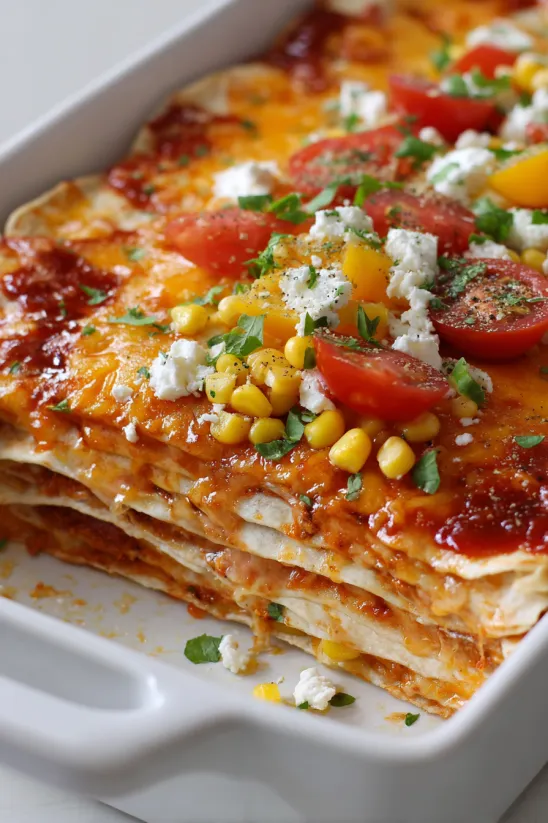Ein Teller Käse-Enchiladas mit Tomaten und Mais.