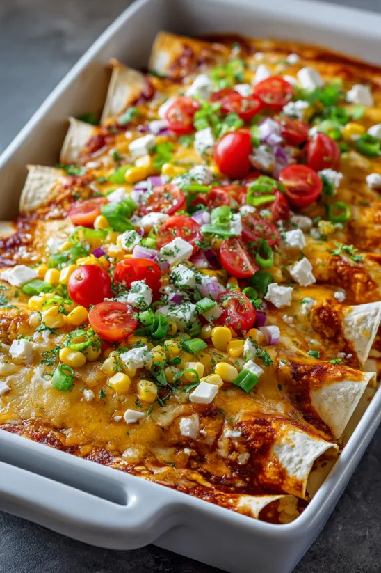 Auflauf mit Käse Enchiladas, Tomatenstücken, Mais drauf.