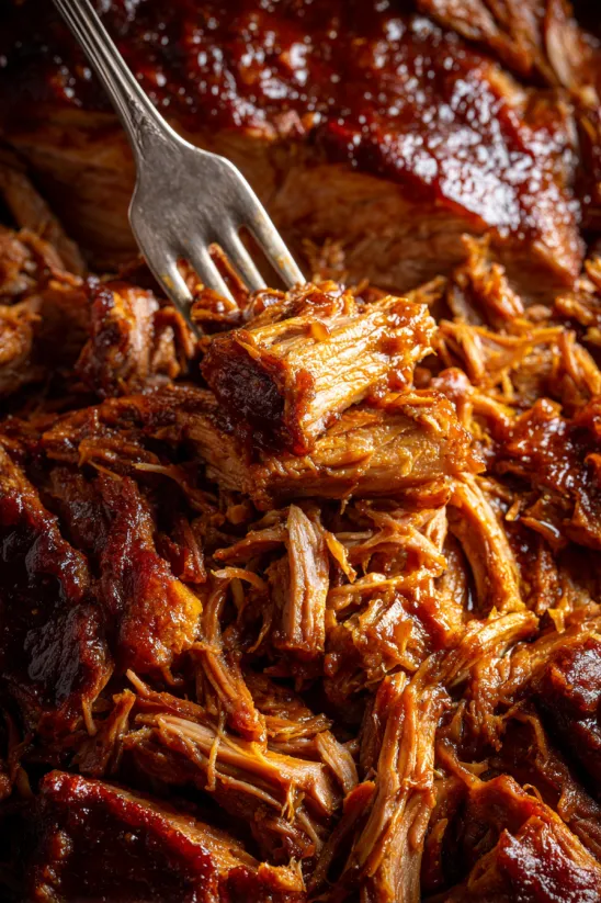 Ein Stück Rindfleisch, das in einem Slow Cooker gegart wurde, wird mit einer Gabel aufgenommen.