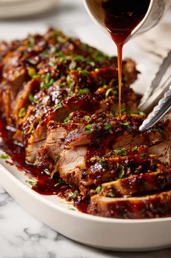 Ein Stück Rindfleisch wird mit Sauce aus einer Schüssel gereicht.
