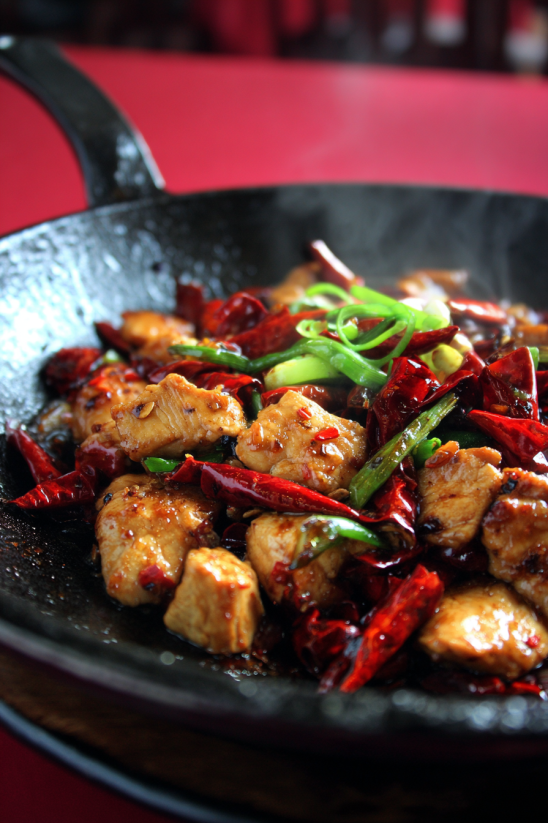 Ein schwarzes Wok mit Kung Pao Chicken, das eine Kombination aus Zwiebeln, Chilischoten, Knoblauch, Zucker, Sojasauce und Currypulver enthält.