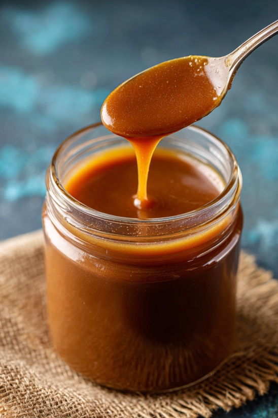 Ein Glas mit homemade Buffalo Sauce, der in einem Topf auf einem Tisch hergestellt wurde.