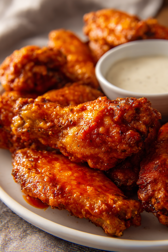 Ein Plate mit frisch zubereiteten Buffalo-Wings, die in einer Sauce getaucht sind.