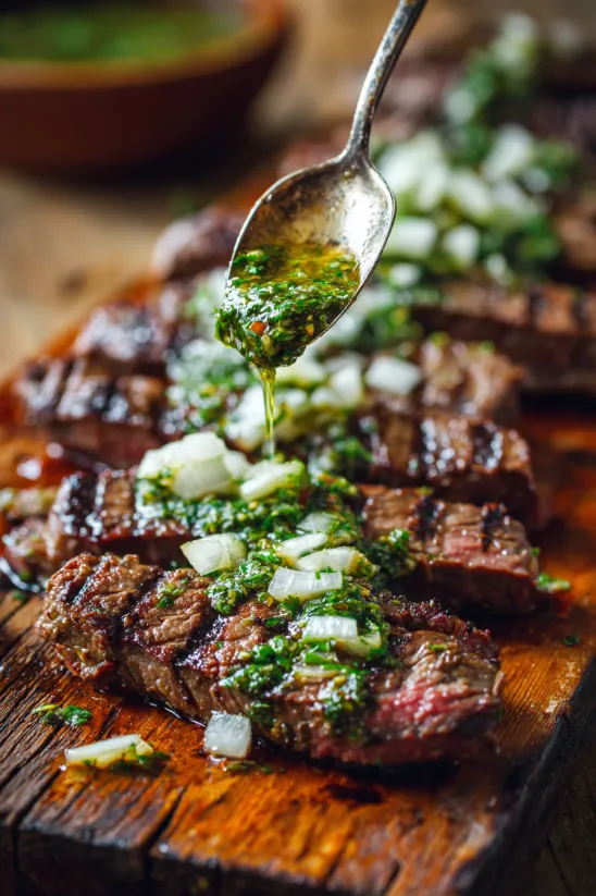 Eine Schüssel mit Chimichurri Sauce die auf einem Tisch mit Steakchen serviert wird.