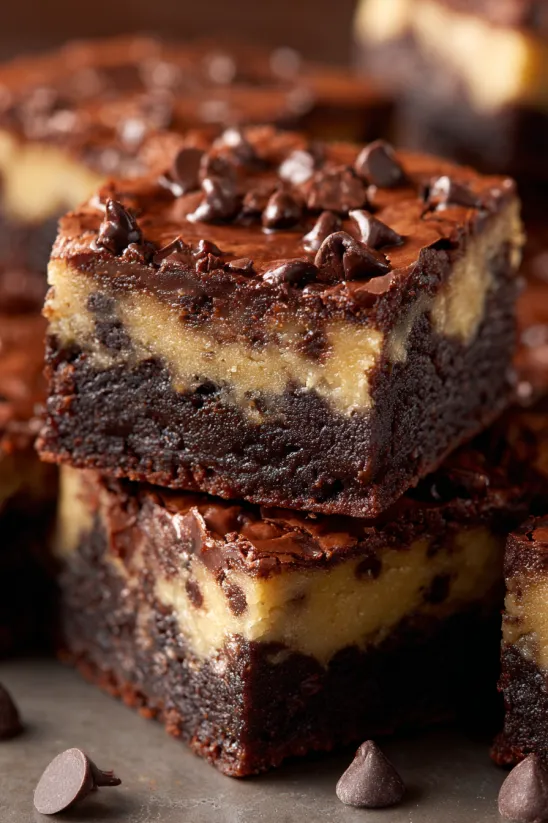 Ein Stück Chocolate Brownie mit Schokoladensplittern.