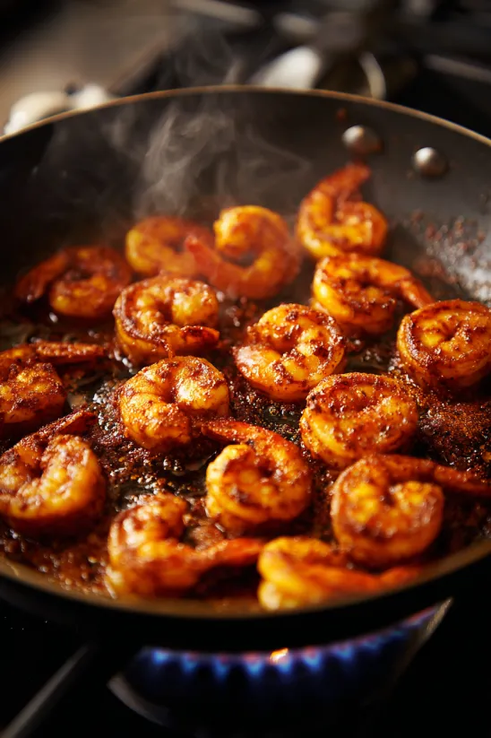 Ein Topf mit Cajun Shrimp, die in einer Sauce gart.