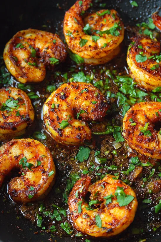 Eine Schüssel mit Cajun Shrimp, die in einer Sauce gegeben sind.