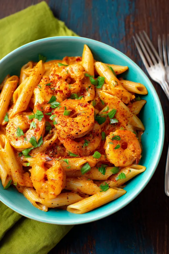 Ein Glas mit Pasta, Shrimp und Tomaten.
