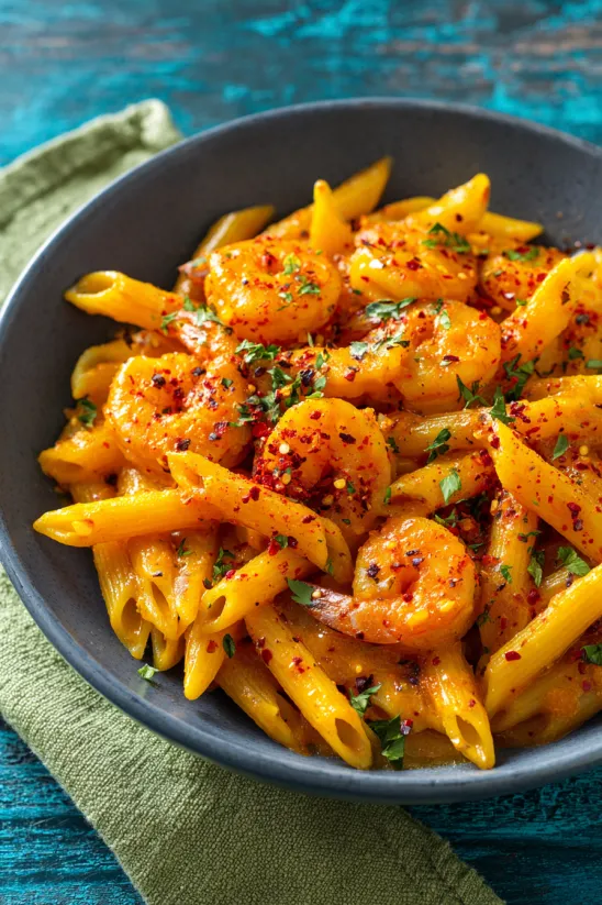Ein Bild von einer Schüssel mit Pasta, Shrimp und Zwiebeln.
