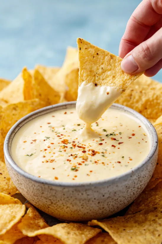 Ein Handgelenk greift in eine Schüssel mit Salsa Blanca.