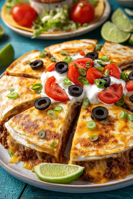 Eine mexikanische Pizza mit Tomaten, Oliven, Limetten und Mayonnaise.