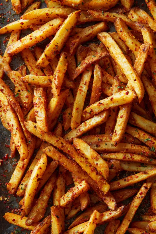 Ein Teller Cajun-Pommes aus dem Ofen.