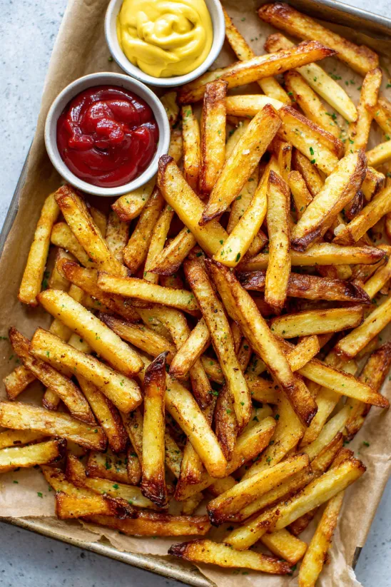 Ein Teller mit knusprigen Cajun-Pommes aus dem Ofen.