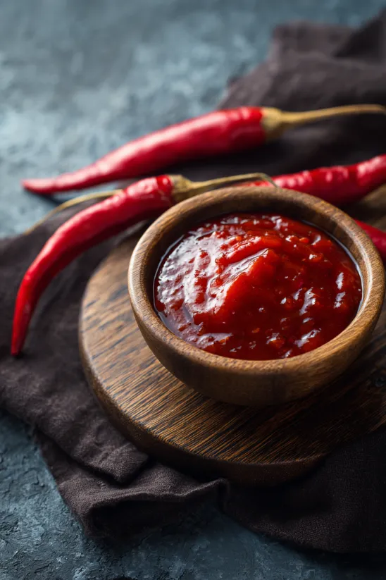 Eine Schale mit roter Sauce und einem Löffel.