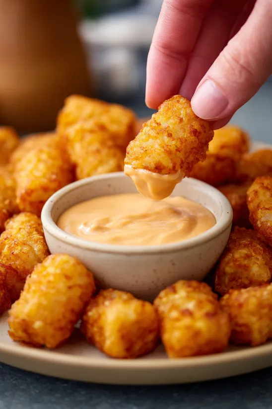 Jemand tunkt ein Stück Essen in eine Schale mit Sauce.