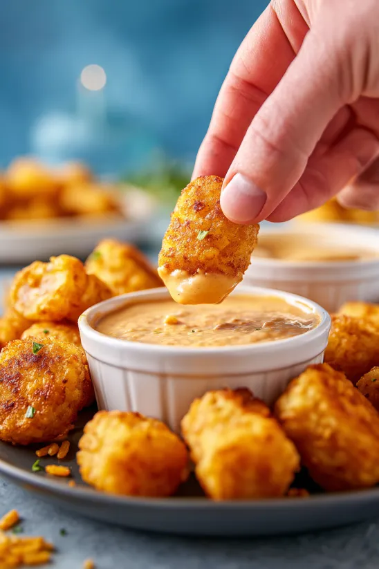 Jemand tunkt ein Stück Essen in eine Schale mit Sauce.