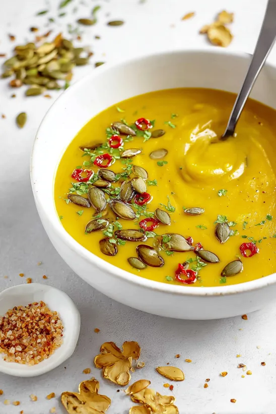 Eine Schale Suppe mit Kürbiskernen und Paprikastückchen oben drauf.