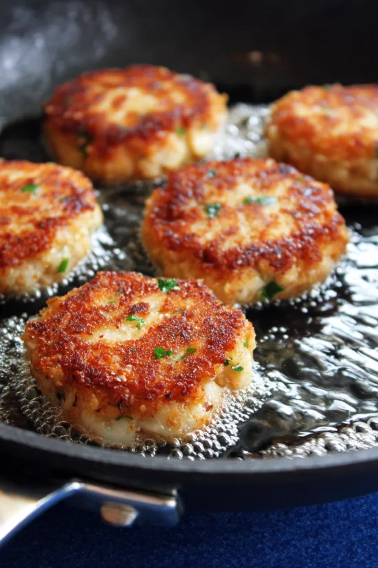 Eine Pfanne mit gebratenen Krabbenküchlein und cremiger Sauce.