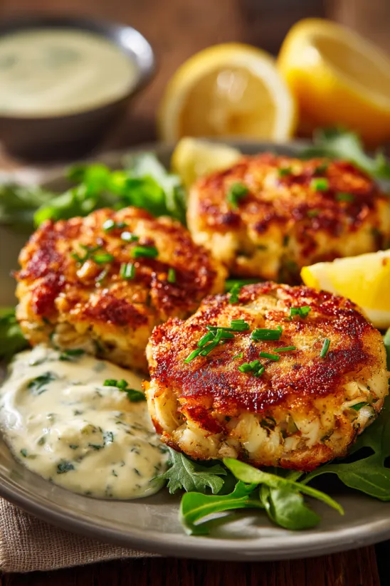 Ein Teller voller Krabbenküchlein mit cremiger Sauce.