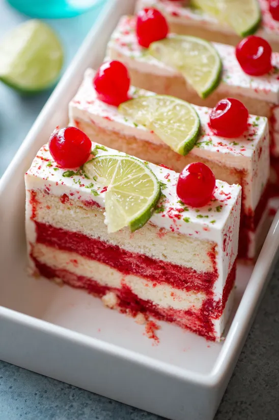 Ein Stück Cherry Limeade Cake mit roten Cherries und grünen Limes darauf.