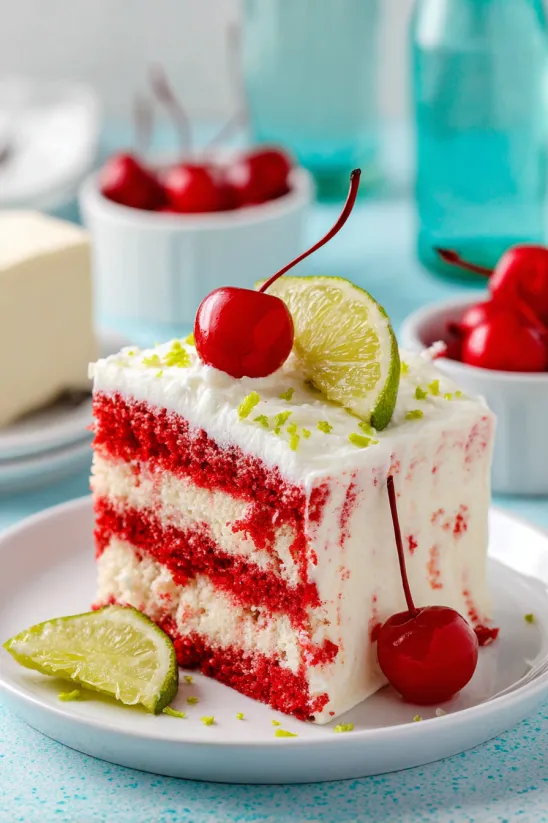 Ein Stück Cherry Limeade Cake mit Cherry Limeade Zutaten und Cherry Limeade Zutaten.